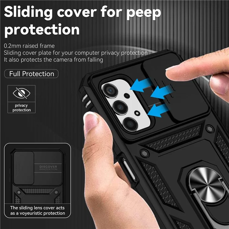For Samsung Galaxy A13 4G Slide Camera Protector PC + TPU Hybrid Phone Case Anti-scratch Phone Cover with Metal Ring Kickstand - Black