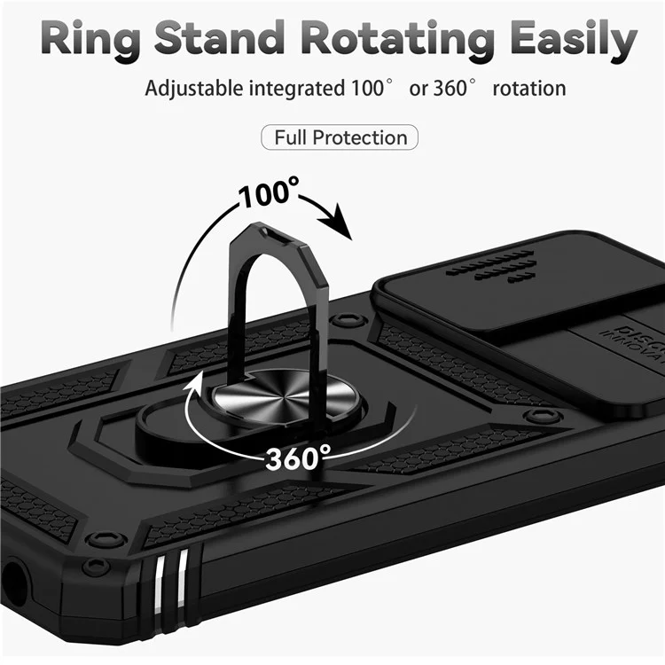 For Samsung Galaxy A13 4G Slide Camera Protector PC + TPU Hybrid Phone Case Anti-scratch Phone Cover with Metal Ring Kickstand - Black
