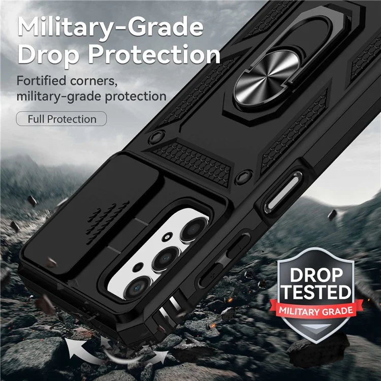 For Samsung Galaxy A13 4G Slide Camera Protector PC + TPU Hybrid Phone Case Anti-scratch Phone Cover with Metal Ring Kickstand - Black