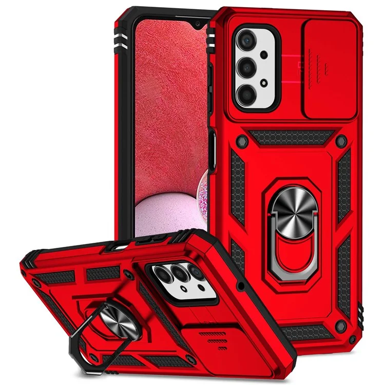Per Samsung Galaxy A13 4G Slide Camera Protector PC + TPU Hybrid Phone Case Anti-scratch Phone Cover with Metal Ring Kickstand - Rosso