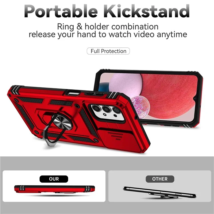 Per Samsung Galaxy A13 4G Slide Camera Protector PC + TPU Hybrid Phone Case Anti-scratch Phone Cover with Metal Ring Kickstand - Rosso