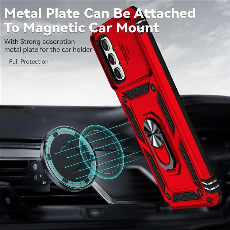 Per Samsung Galaxy A13 4G Slide Camera Protector PC + TPU Hybrid Phone Case Anti-scratch Phone Cover with Metal Ring Kickstand - Rosso