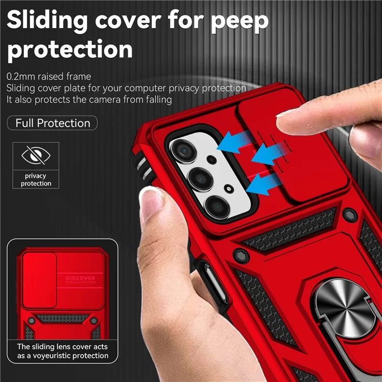 Per Samsung Galaxy A13 4G Slide Camera Protector PC + TPU Hybrid Phone Case Anti-scratch Phone Cover with Metal Ring Kickstand - Rosso