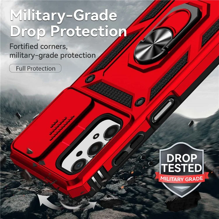 Per Samsung Galaxy A13 4G Slide Camera Protector PC + TPU Hybrid Phone Case Anti-scratch Phone Cover with Metal Ring Kickstand - Rosso