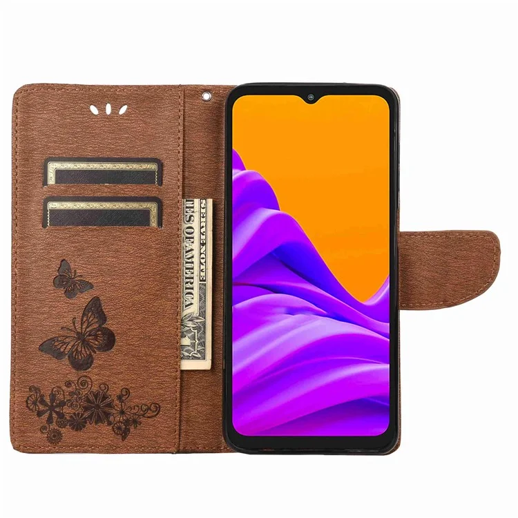 Para Samsung Galaxy Xcover Pro 2 5g Butterflies Padrão de Flores Imprimindo a Capa da Carteira de Couro de Couro - Castanho
