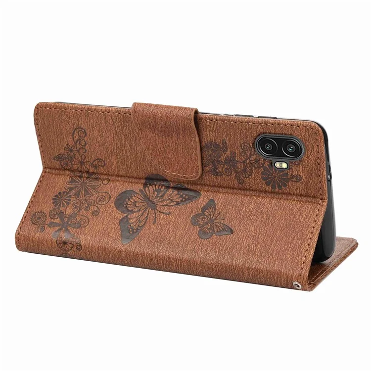 Para Samsung Galaxy Xcover Pro 2 5g Butterflies Padrão de Flores Imprimindo a Capa da Carteira de Couro de Couro - Castanho