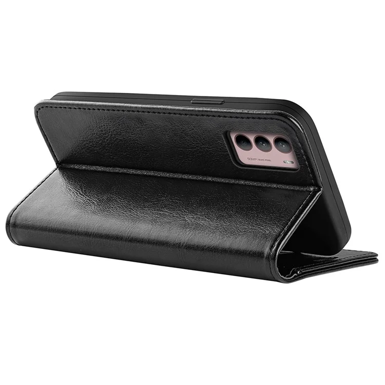 For Motorola Moto G42 4G Well-protected Crazy Horse Texture Leather Folio Case Stand Magnetic Wallet Flip Anti-fall Cover - Black