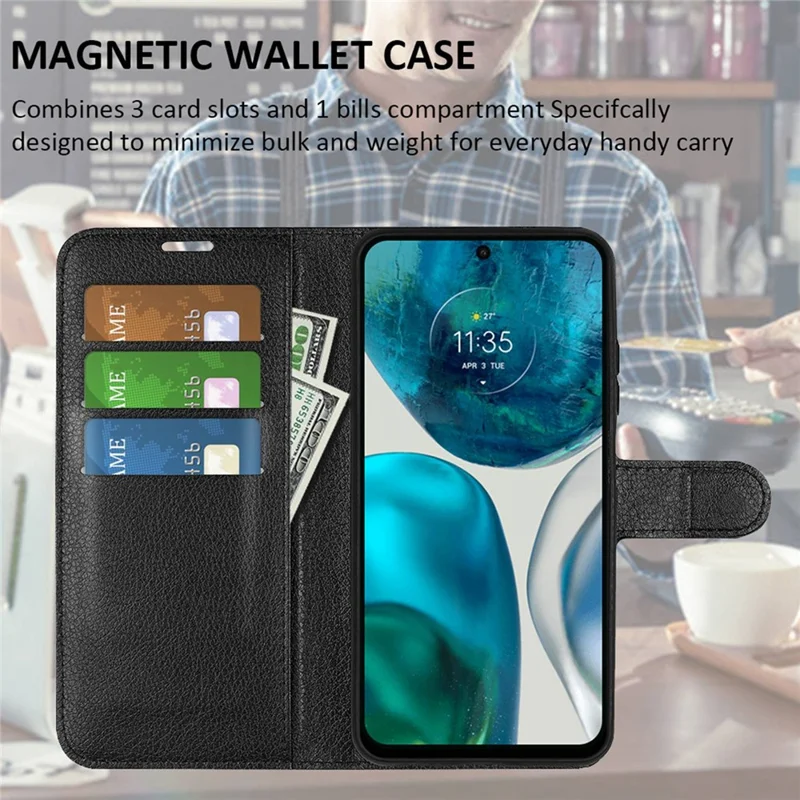 Etui z fakturą litchi dla Motorola Moto G42 4G, składane etui portfelowe z antyrysikującą skórą PU z podstawką ochronne etui na telefon komórkowy - Czarny