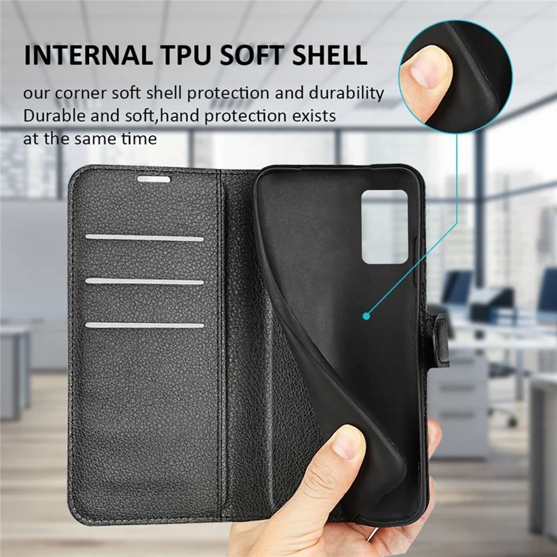 Etui z fakturą litchi dla Motorola Moto G42 4G, składane etui portfelowe z antyrysikującą skórą PU z podstawką ochronne etui na telefon komórkowy - Czarny