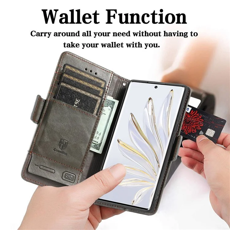 CASENEO 002 Serie Business Style Lederhülle für Honor 70 5G, Standfunktion Wallet Splicing Phone Cover mit RFID-Blockierung - Grau