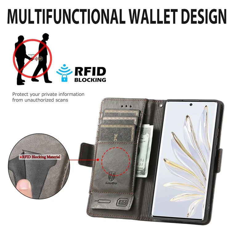 CASENEO 002 Serie Business Style Lederhülle für Honor 70 5G, Standfunktion Wallet Splicing Phone Cover mit RFID-Blockierung - Grau
