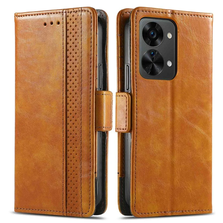 CASENEO 002 Series for OnePlus Nord 2T 5G Splicing PU Leather Magnetic Clasp Case Wallet Stand Phone Cover with RFID Blocking - Light Brown