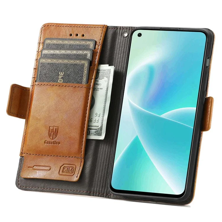 CASENEO 002 Series for OnePlus Nord 2T 5G Splicing PU Leather Magnetic Clasp Case Wallet Stand Phone Cover with RFID Blocking - Light Brown