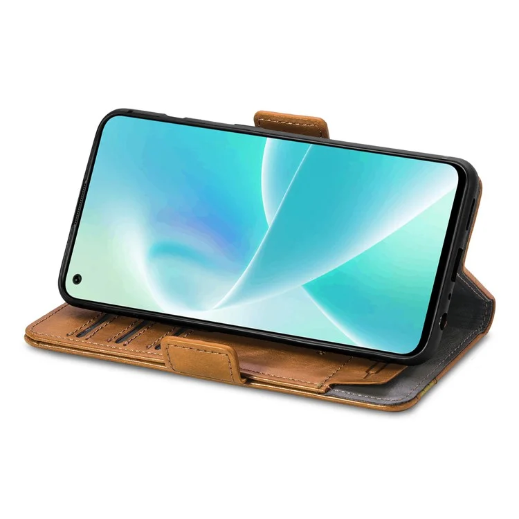 CASENEO 002 Series for OnePlus Nord 2T 5G Splicing PU Leather Magnetic Clasp Case Wallet Stand Phone Cover with RFID Blocking - Light Brown