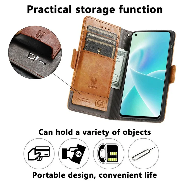 CASENEO 002 Series for OnePlus Nord 2T 5G Splicing PU Leather Magnetic Clasp Case Wallet Stand Phone Cover with RFID Blocking - Light Brown