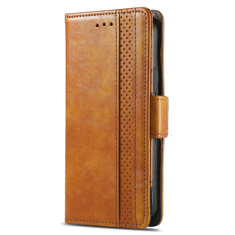 CASENEO 002 Series for OnePlus Nord 2T 5G Splicing PU Leather Magnetic Clasp Case Wallet Stand Phone Cover with RFID Blocking - Light Brown