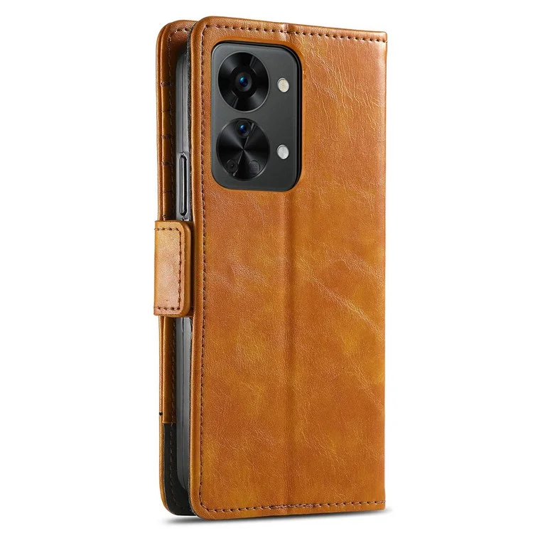 CASENEO 002 Series for OnePlus Nord 2T 5G Splicing PU Leather Magnetic Clasp Case Wallet Stand Phone Cover with RFID Blocking - Light Brown