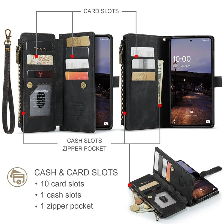 CASEME C30 Series pour Samsung Galaxy A33 5G Étui de téléphone résistant aux chocs avec poche zippée Portefeuille Étui en cuir PU Fentes pour cartes multiples Support pour téléphone Couverture - Noir