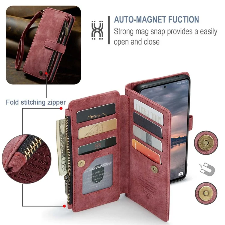 CASEME C30 Series per Samsung Galaxy A33 5G Custodia del telefono antiurto con tasca con zip Portafoglio PU Pelle Slot per più carte Supporto Custodia per telefono - Rosso