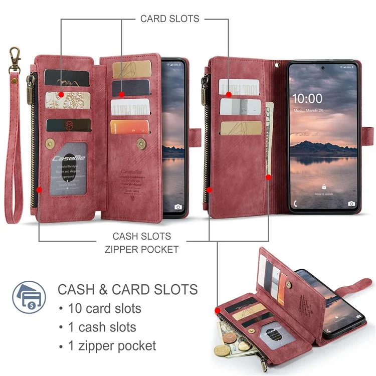 CASEME C30 Series per Samsung Galaxy A33 5G Custodia del telefono antiurto con tasca con zip Portafoglio PU Pelle Slot per più carte Supporto Custodia per telefono - Rosso