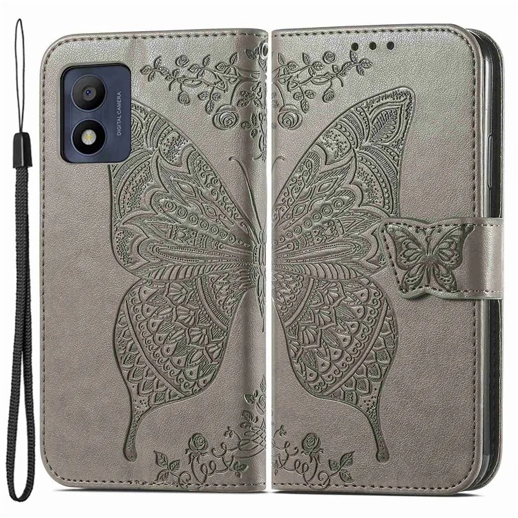 Pour Alcatel 1B (2022) Portefeuille de Papillons Imprimé Stand pu Leather Shockproof Flip Cover Avec Bracelet de Poignet - Gris