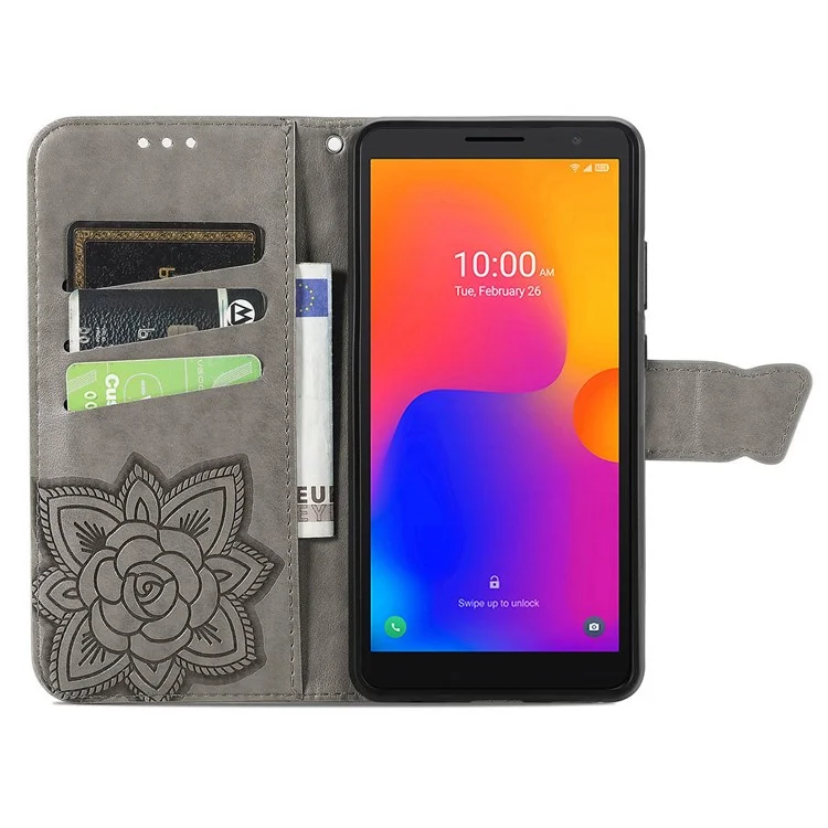 Pour Alcatel 1B (2022) Portefeuille de Papillons Imprimé Stand pu Leather Shockproof Flip Cover Avec Bracelet de Poignet - Gris