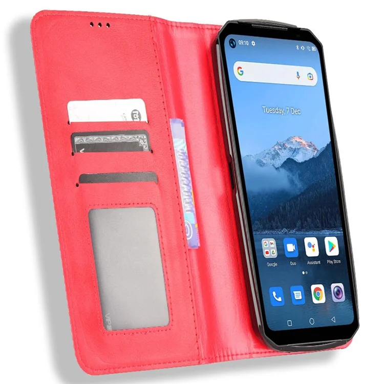 Retro Texture PU Leather Case for Oukitel WP16, Magnetic Auto-absorbed Shockproof Phone Cover with Stand Wallet - Red