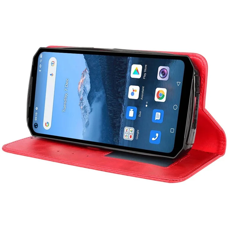 Retro Texture PU Leather Case for Oukitel WP16, Magnetic Auto-absorbed Shockproof Phone Cover with Stand Wallet - Red