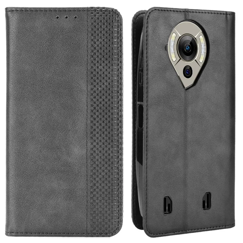 Retro Texture PU Leather Case for Oukitel WP16, Magnetic Auto-absorbed Shockproof Phone Cover with Stand Wallet - Black