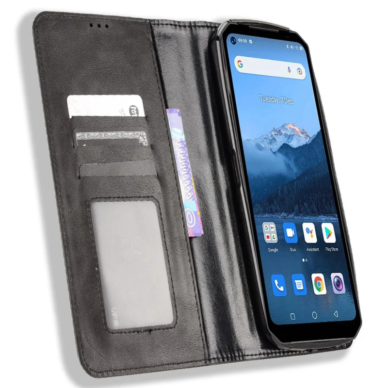Retro Texture PU Leather Case for Oukitel WP16, Magnetic Auto-absorbed Shockproof Phone Cover with Stand Wallet - Black