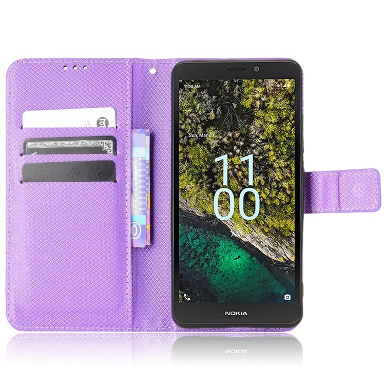 For Nokia C100 4G Diamond Texture Stand Wallet Phone Case PU Leather + TPU Full Protection Cover - Purple