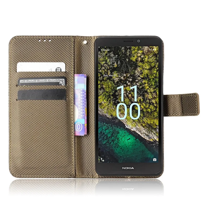 För Nokia C100 4G Diamantstruktur Ställbara Plånboksfodral för Telefon PU-läder + TPU Helskalskyddsomslag - Brun