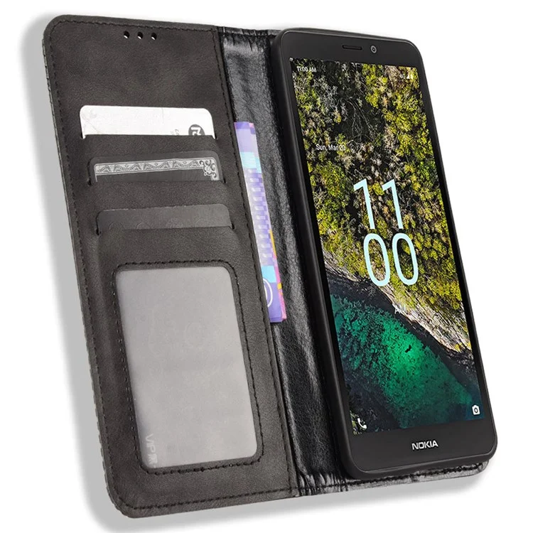 For Nokia C100 4G PU Leather Retro Flip Wallet Case Stand Function Flip Auto Closing Magnetic Cover - Black
