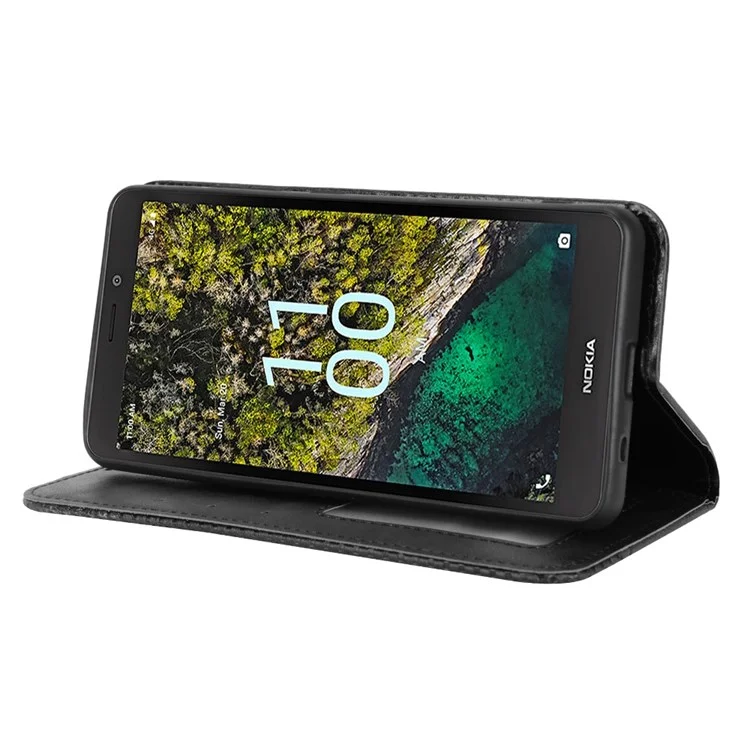 For Nokia C100 4G PU Leather Retro Flip Wallet Case Stand Function Flip Auto Closing Magnetic Cover - Black