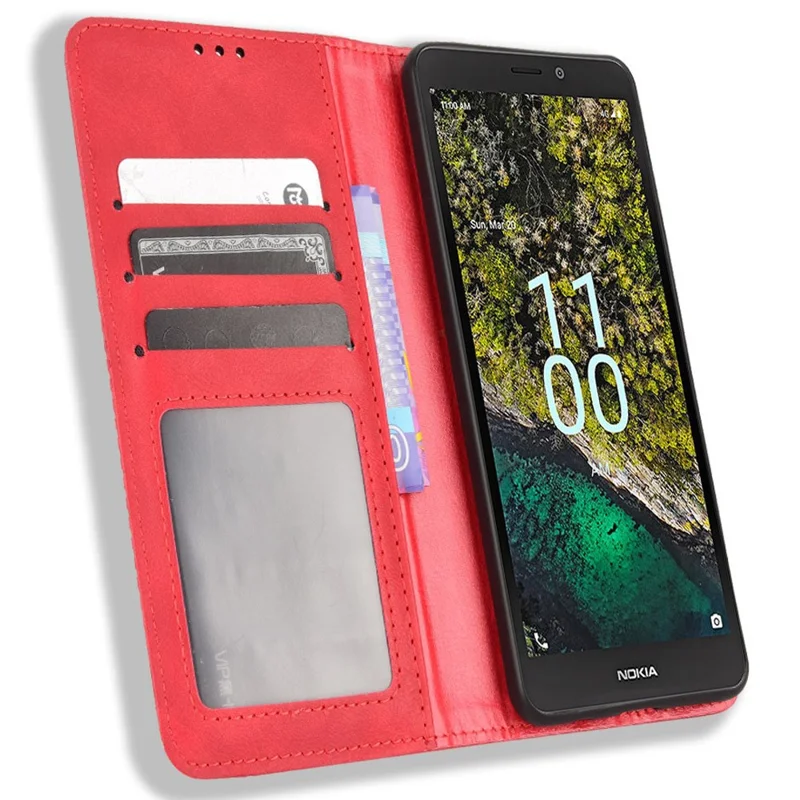 For Nokia C100 4G PU Leather Retro Flip Wallet Case Stand Function Flip Auto Closing Magnetic Cover - Red