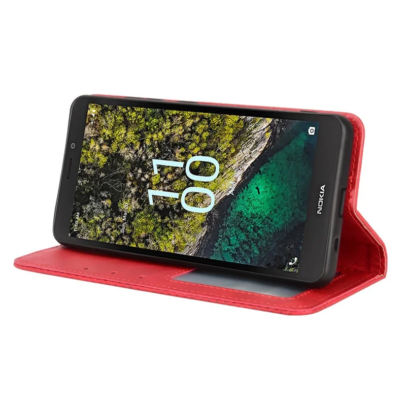 For Nokia C100 4G PU Leather Retro Flip Wallet Case Stand Function Flip Auto Closing Magnetic Cover - Red