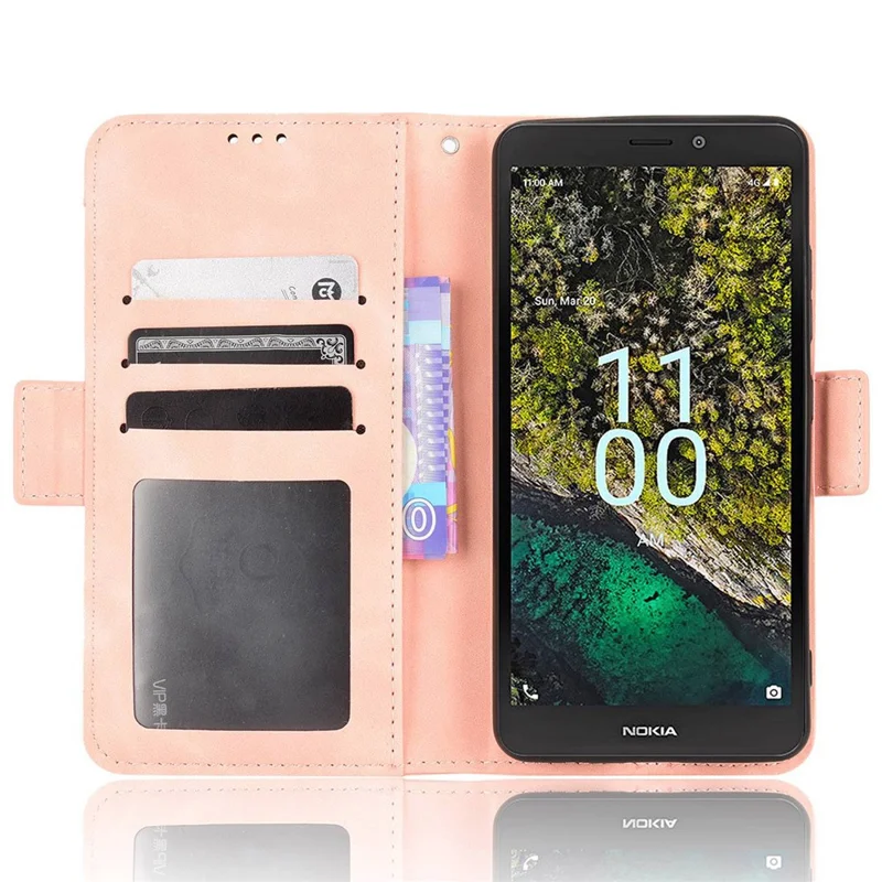 Para Nokia C100 4G Ranuras de Tarjetas Múltiples Case de Protección Completa Doble Magnetic Curo de Cuero PU Cubierta de Billetera - Rosado