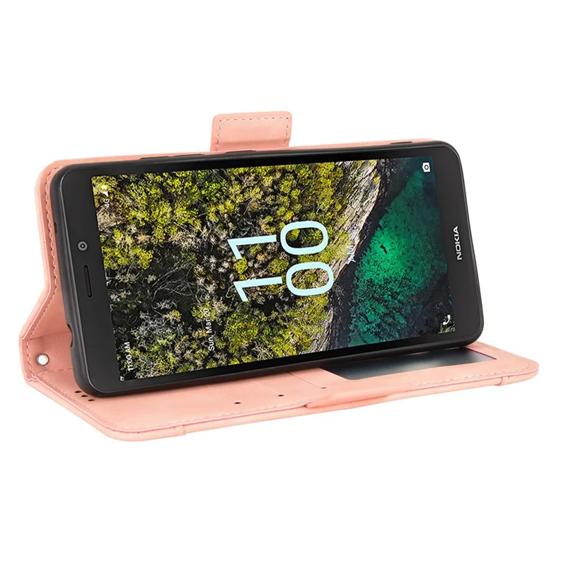 Para Nokia C100 4G Ranuras de Tarjetas Múltiples Case de Protección Completa Doble Magnetic Curo de Cuero PU Cubierta de Billetera - Rosado
