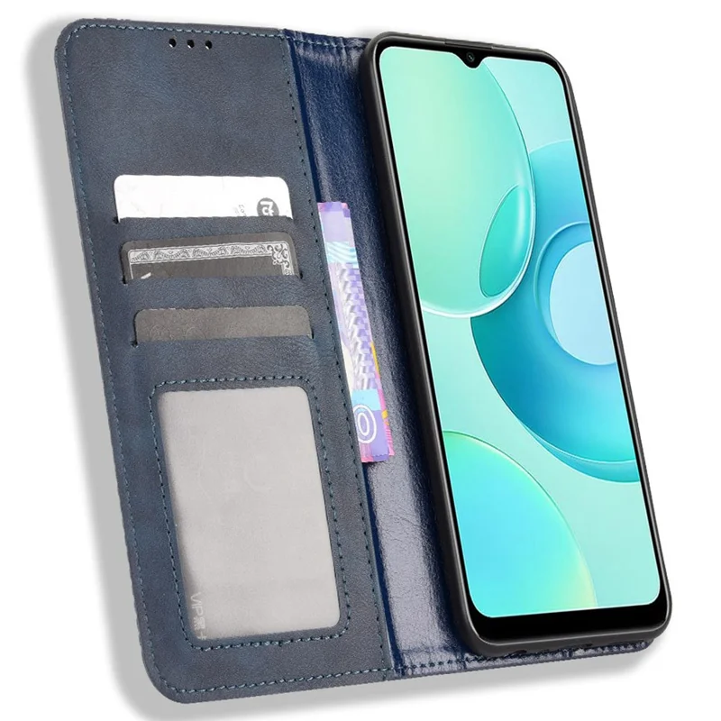 Für Wiko T10 4G Retro Texture Magnetische Auto-absorbierte stoßfeste Hülle PU-Ledertasche Ständer Cover - Blau