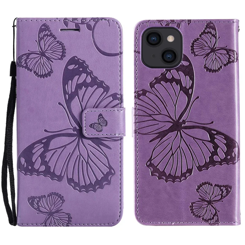 For iPhone 14 Case Solid Color Leather Mobile Cover Wallet Stand with Strap - Purple