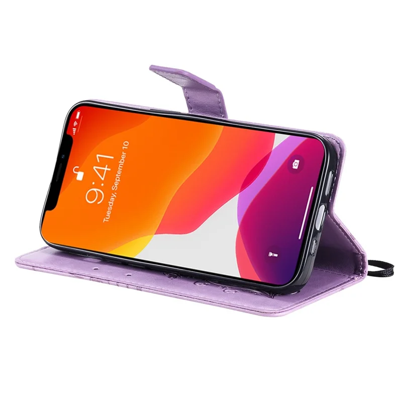 For iPhone 14 Case Solid Color Leather Mobile Cover Wallet Stand with Strap - Purple