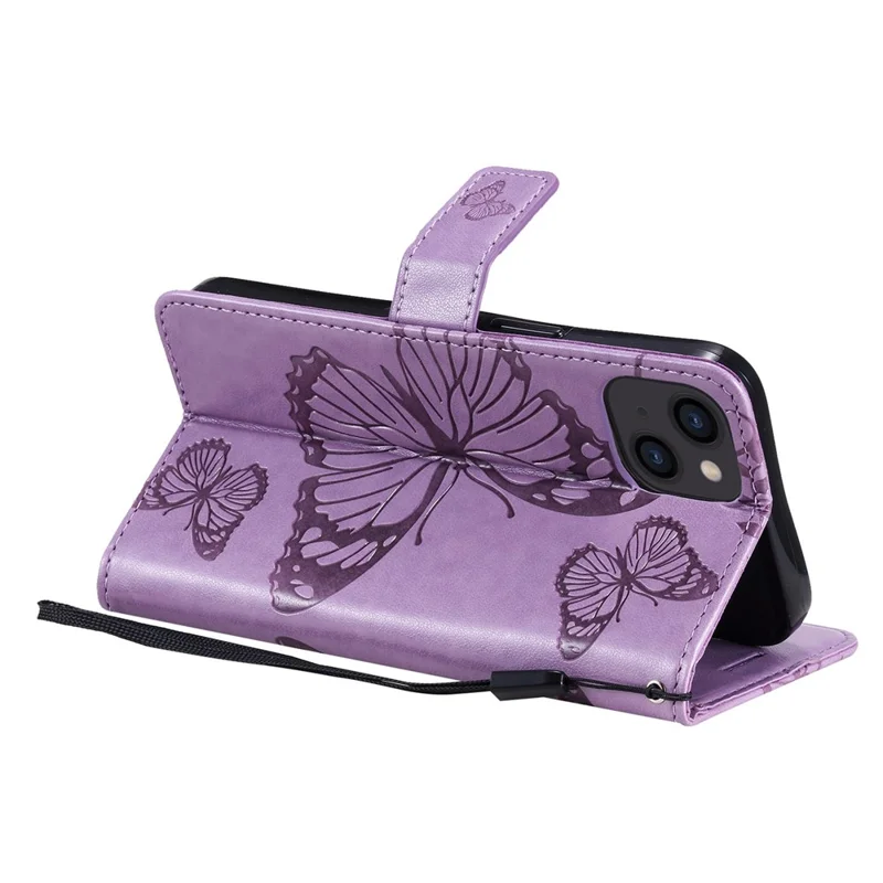 For iPhone 14 Case Solid Color Leather Mobile Cover Wallet Stand with Strap - Purple