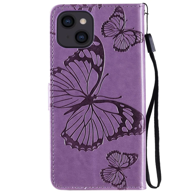 For iPhone 14 Case Solid Color Leather Mobile Cover Wallet Stand with Strap - Purple