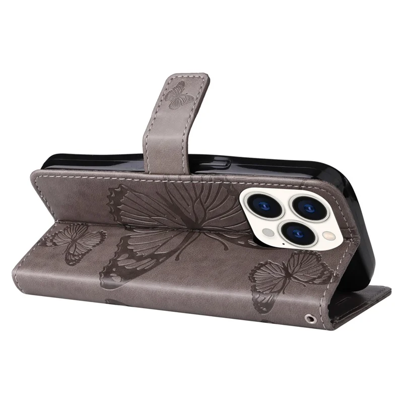 KT Leather Series-2 for iPhone 14 Pro 6.1 inch Shockproof Butterfly Imprinted PU Leather Case Phone Wallet Stand Cover - Grey
