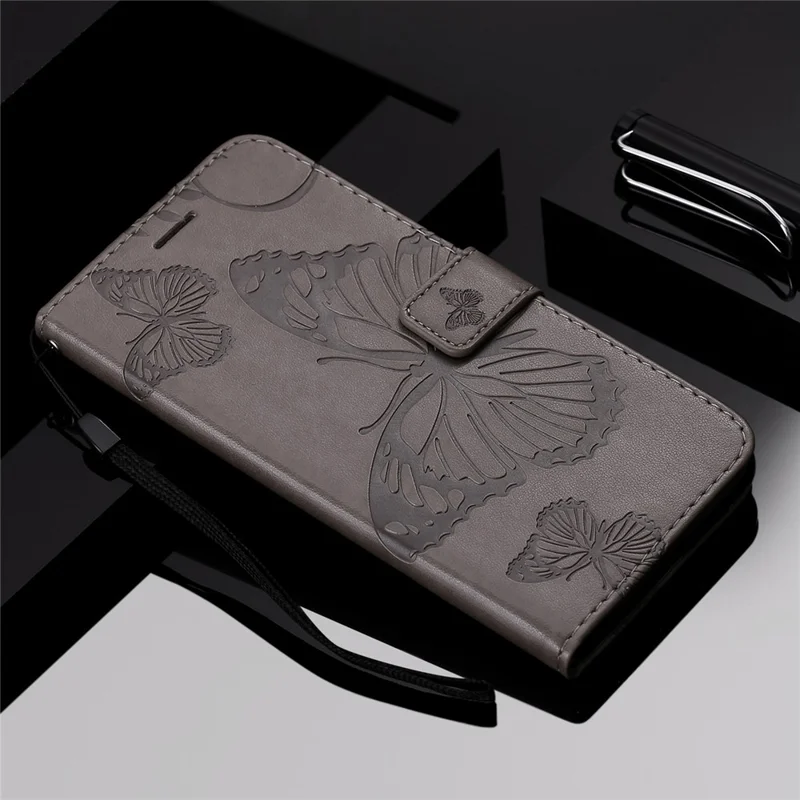 KT Leather Series-2 for iPhone 14 Pro 6.1 inch Shockproof Butterfly Imprinted PU Leather Case Phone Wallet Stand Cover - Grey