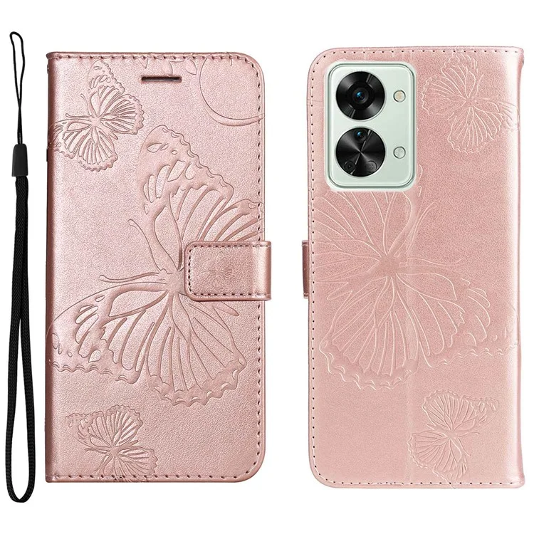 KT Leather Series-2 for OnePlus Nord 2T 5G Butterfly Imprinted PU Leather Flip Wallet Case Stand Shockproof Phone Cover - Rose Gold