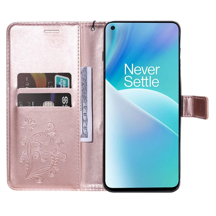 KT Leather Series-2 per OnePlus Nord 2T 5G Farfalla Impresso PU Leather Flip Wallet Case Stand Shockproof Phone Cover - Rose Gold