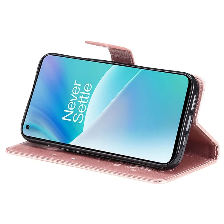 KT Leather Series-2 per OnePlus Nord 2T 5G Farfalla Impresso PU Leather Flip Wallet Case Stand Shockproof Phone Cover - Rose Gold