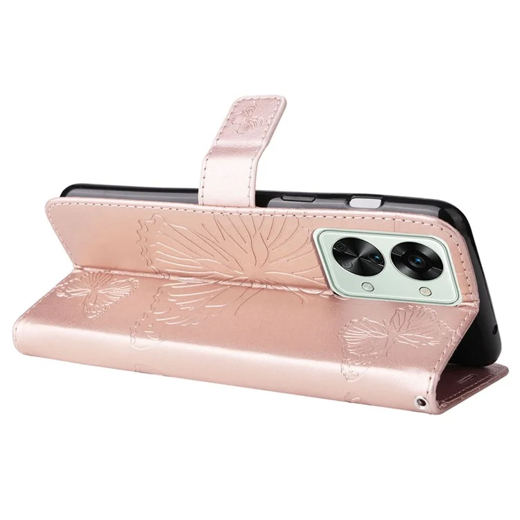 KT Leather Series-2 per OnePlus Nord 2T 5G Farfalla Impresso PU Leather Flip Wallet Case Stand Shockproof Phone Cover - Rose Gold