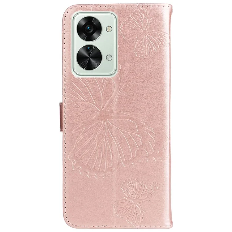 KT Leather Series-2 per OnePlus Nord 2T 5G Farfalla Impresso PU Leather Flip Wallet Case Stand Shockproof Phone Cover - Rose Gold